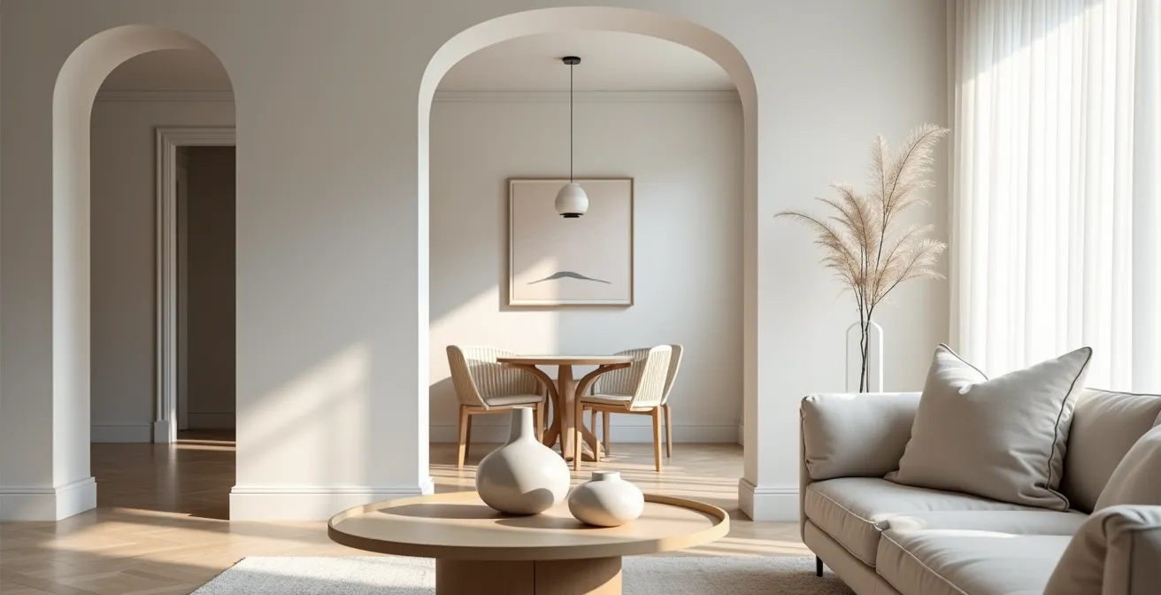 Minimalist living room with neutral decor and clean lines, demonstrating successful depersonalisation.