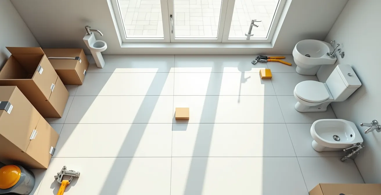 Overhead view of bathroom renovation workspace with fixtures laid out in installation order