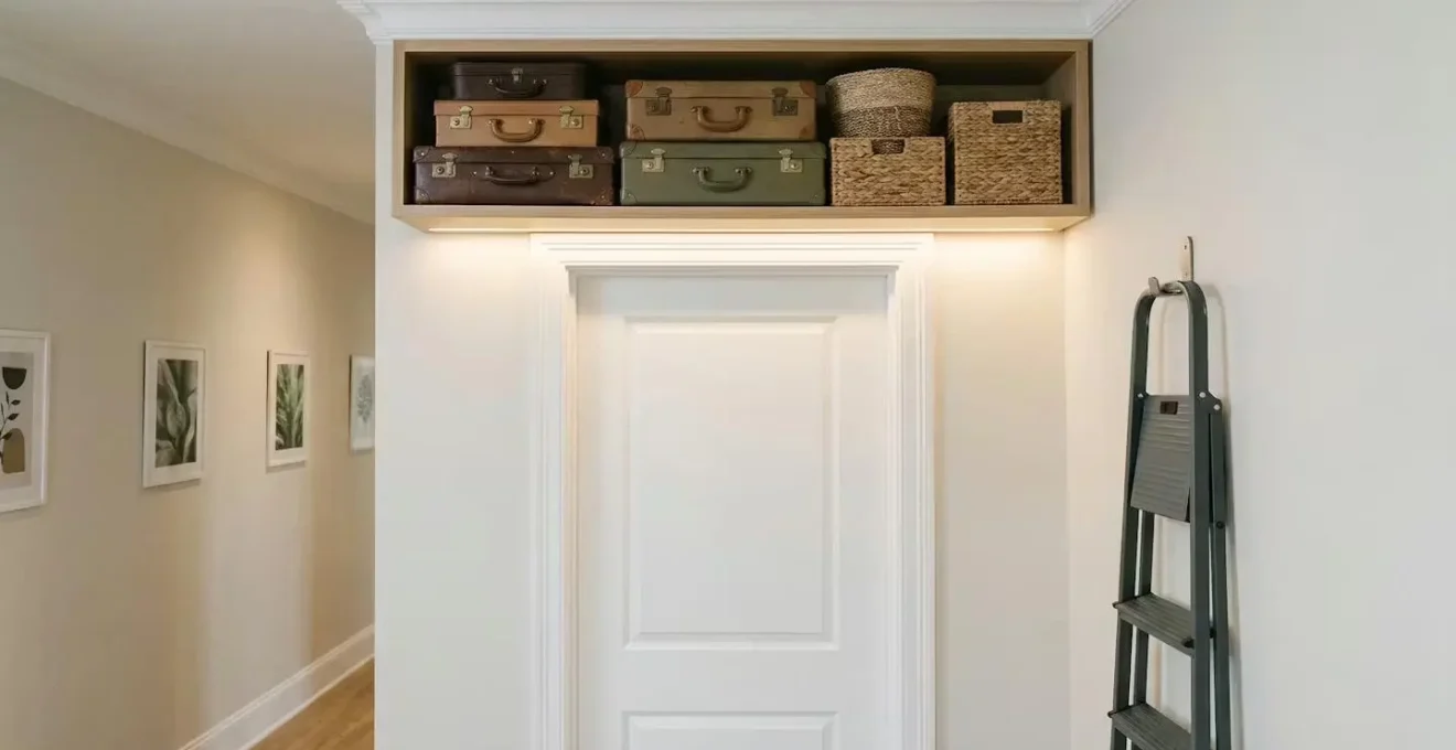 Elegant over-door storage shelf with integrated LED lighting in a modern apartment