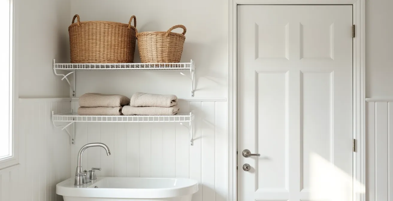 Minimalist bathroom showing clever overhead door storage with organized baskets