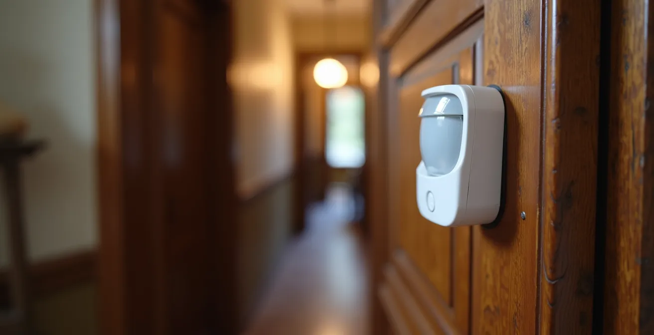 Close-up of a discrete motion sensor attached to a doorframe in a home environment, showing its minimal design.