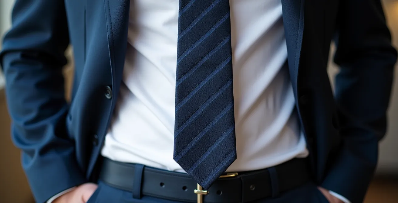Professional demonstrating correct tie length and dimple in British business attire