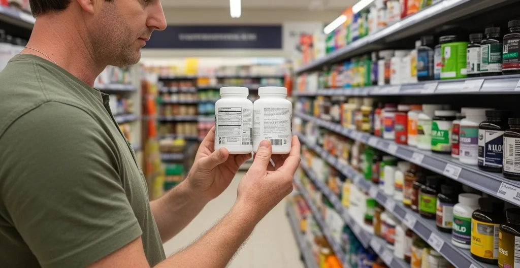 Adult examining supplement bottles in UK grocery store aisle