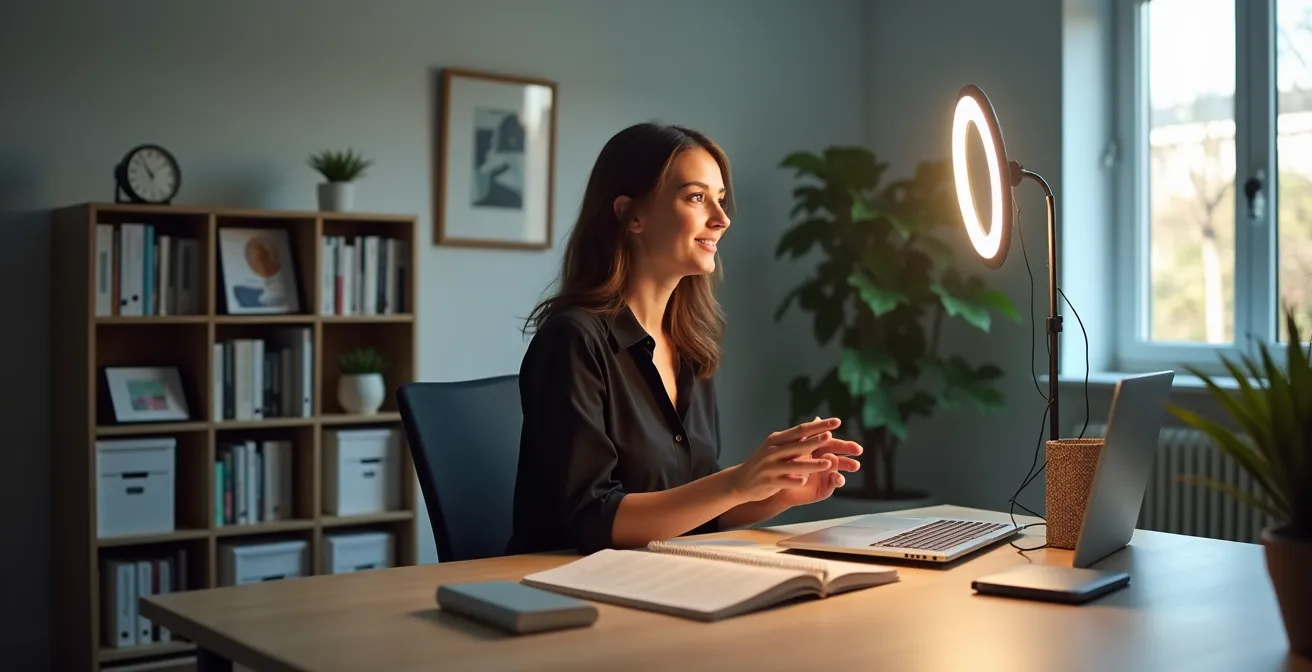 Professional recording personalized video message in home office with ring light