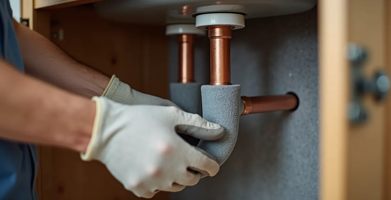 Hands installing foam insulation sleeves on copper water pipes