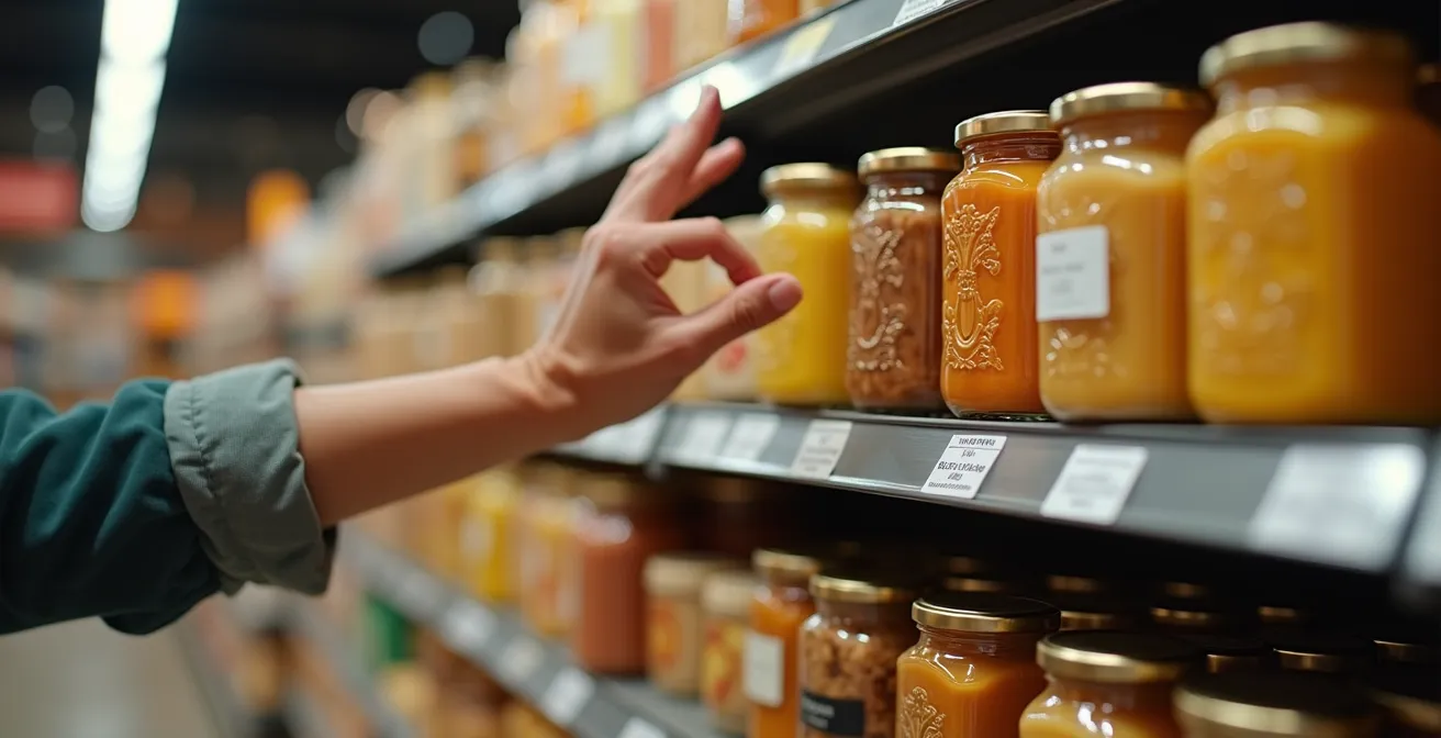 Human hand reaching for premium glass jar on UK supermarket shelf, emphasizing weight and quality
