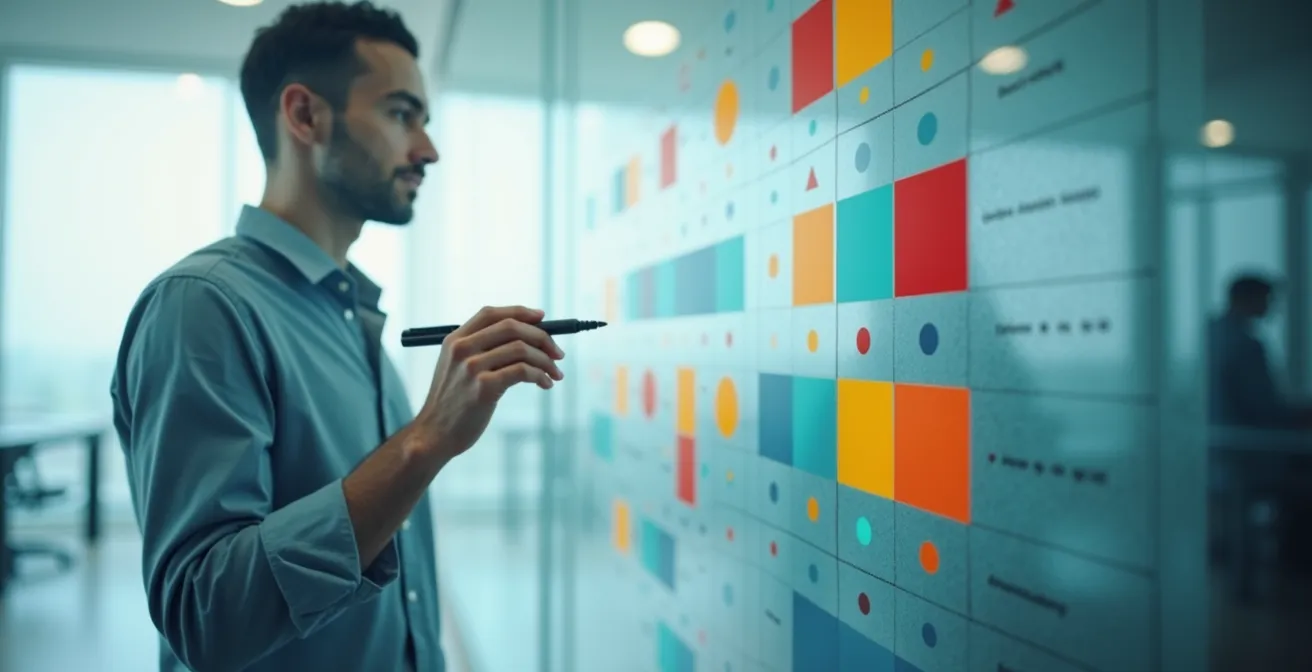 Business professional analyzing task complexity matrix on glass board with sticky notes