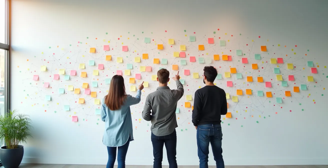 Product team examining data patterns on wall-mounted visualization boards during strategic planning session