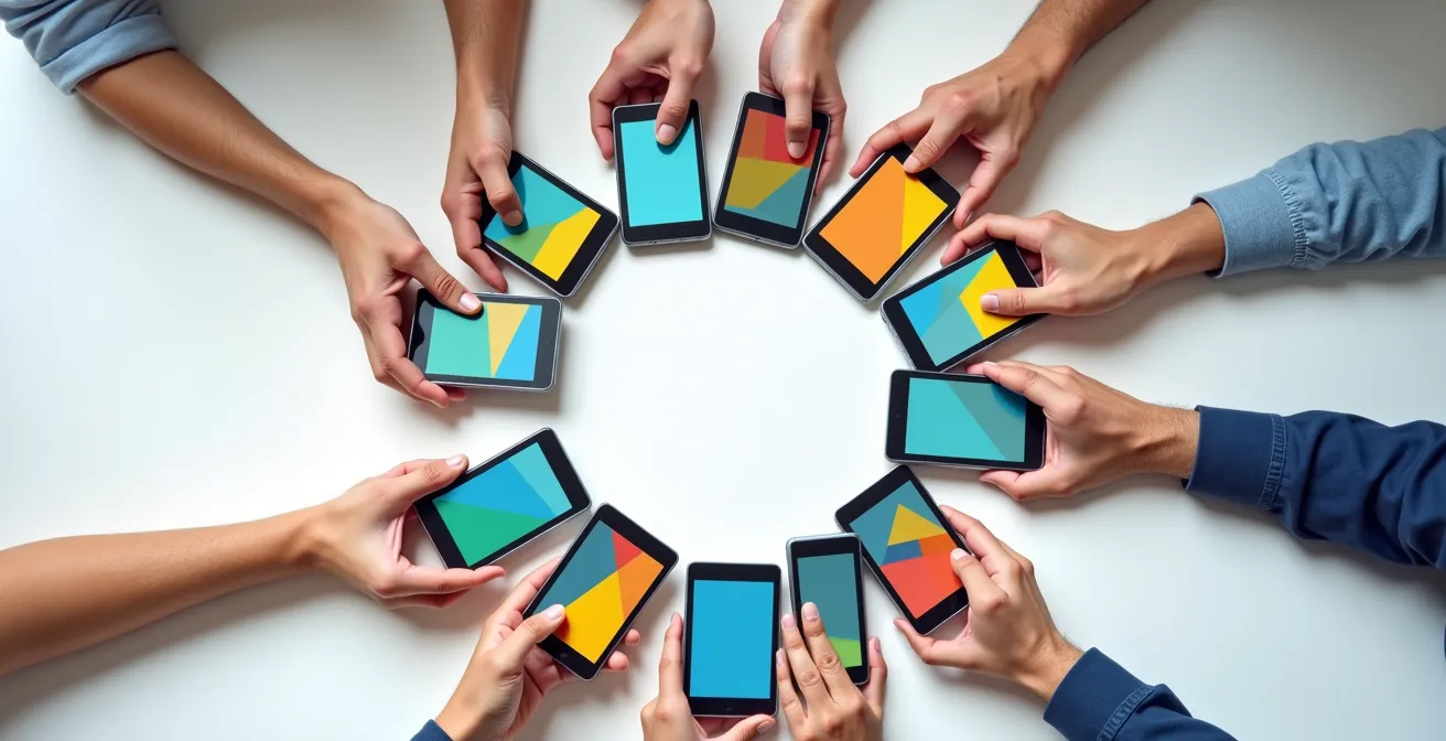 Retail staff engaged in collaborative digital training using mobile devices