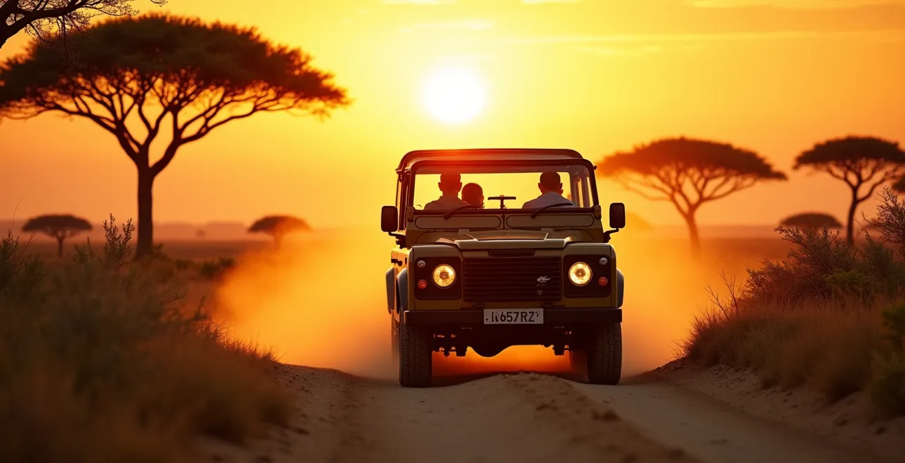 Safari vehicle on dusty trail with acacia trees silhouetted against golden sunset