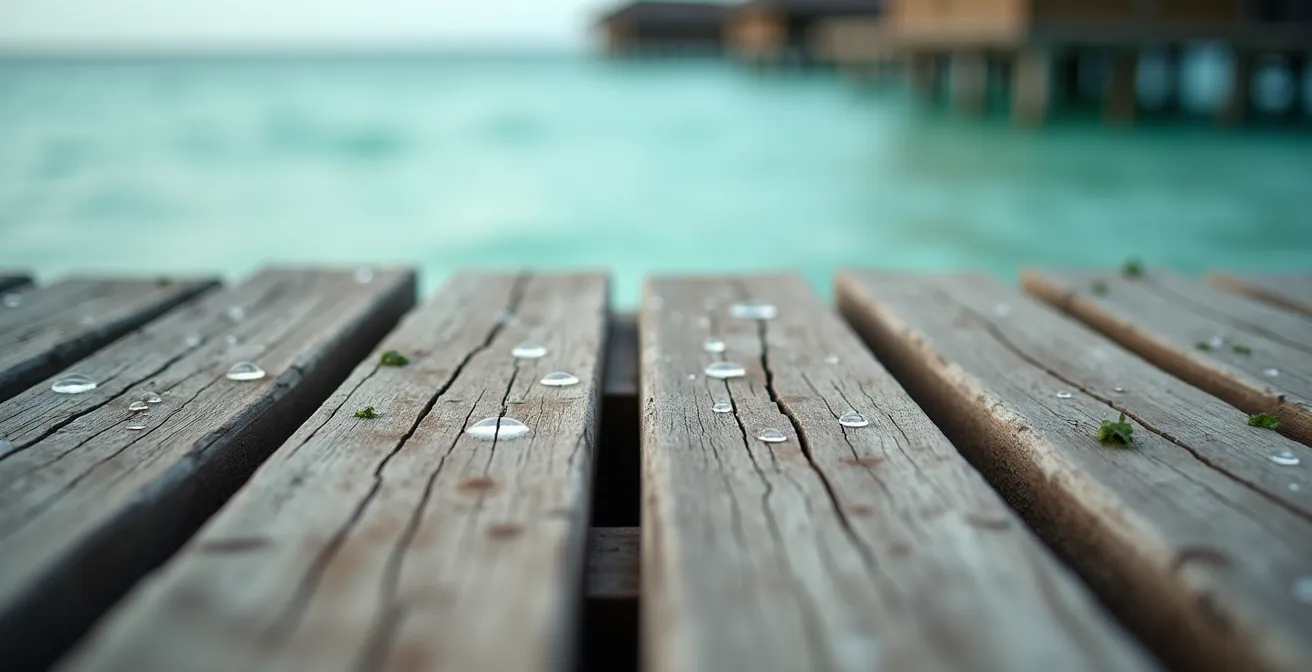 Private overwater bungalow on stilts above crystal clear turquoise water