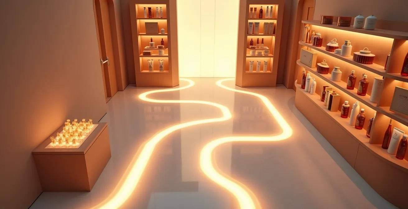 Strategic product placement along customer pathway to collection point