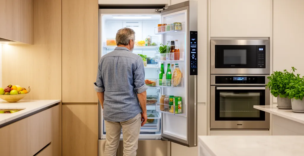 Modern smart refrigerator with digital display in contemporary kitchen setting