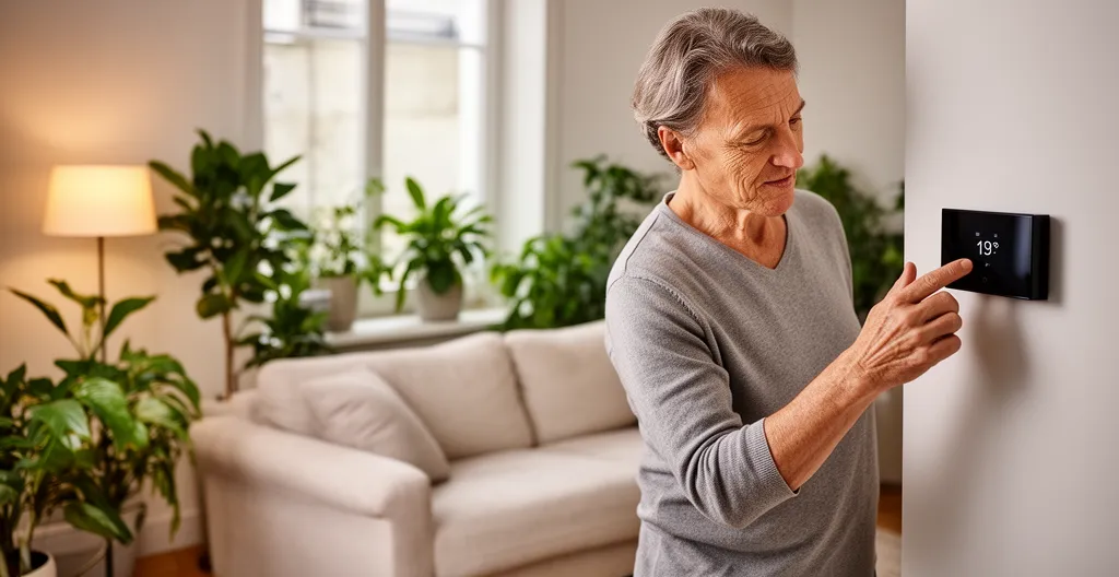 Homeowner adjusting smart thermostat wall display in modern living room