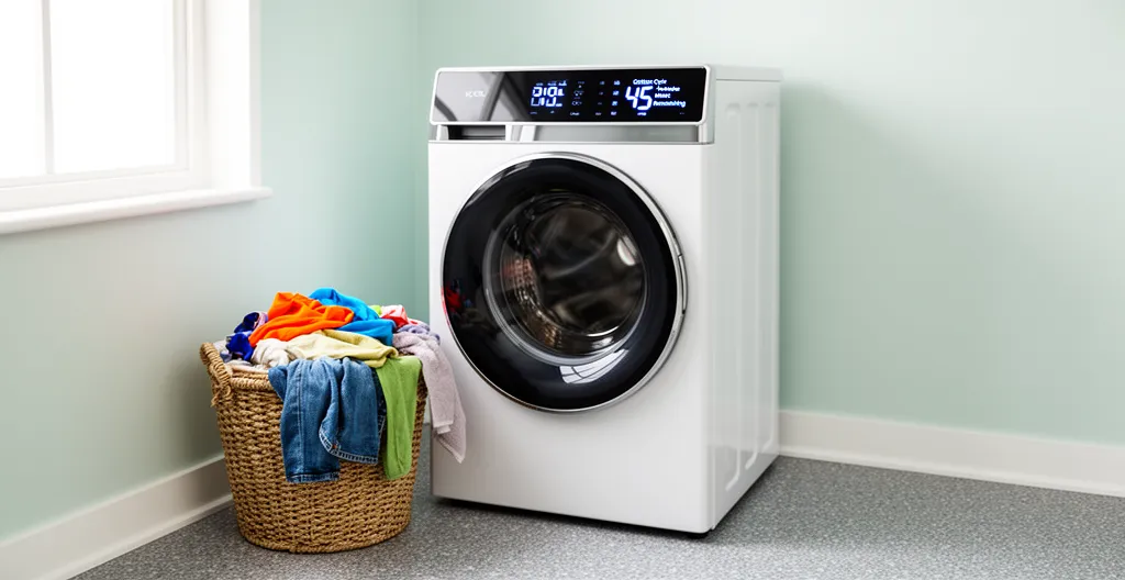 Smart washing machine running in bright utility room with digital cycle display