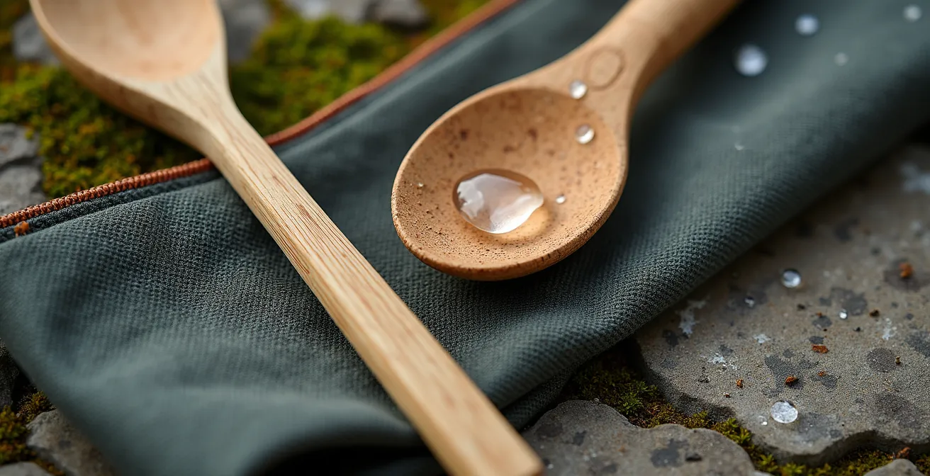 Close-up macro shot of sustainable hiking materials including waxed canvas, bamboo, and recycled fabrics