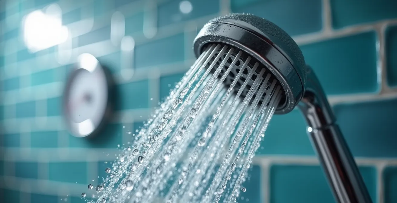 Close-up of running shower head with steam showing energy waste during warm-up time