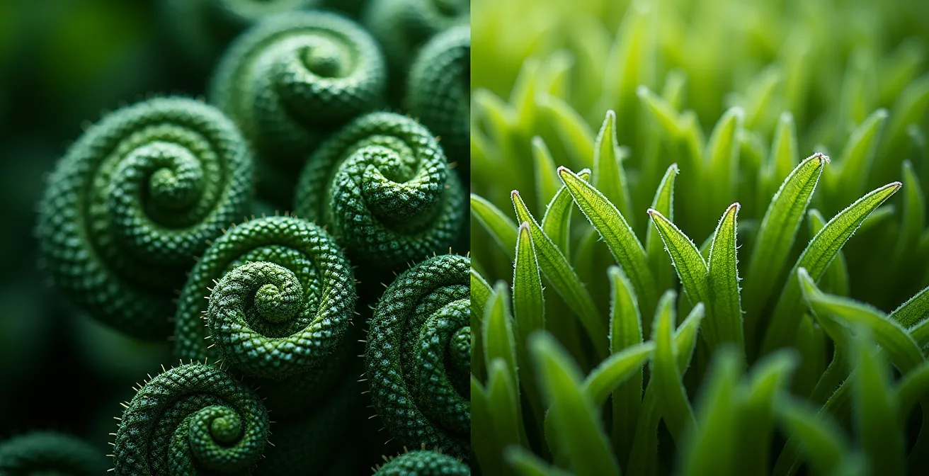 Split-screen macro view comparing complex tropical jungle fractals versus smooth coastal patterns