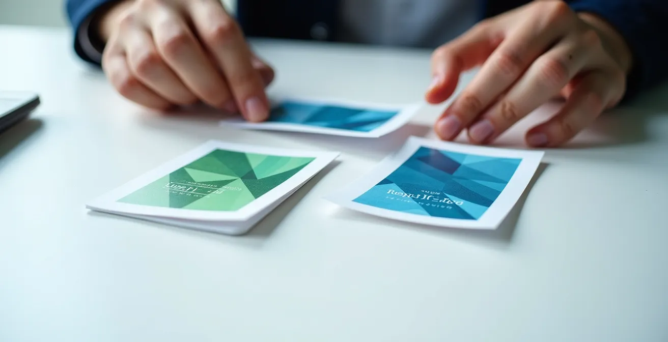 Close-up of hands arranging trust badges and certification logos on a contact page mockup