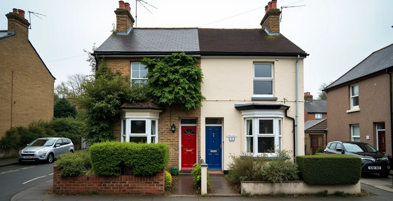 British terraced houses showing contrast between maintained and neglected front exteriors