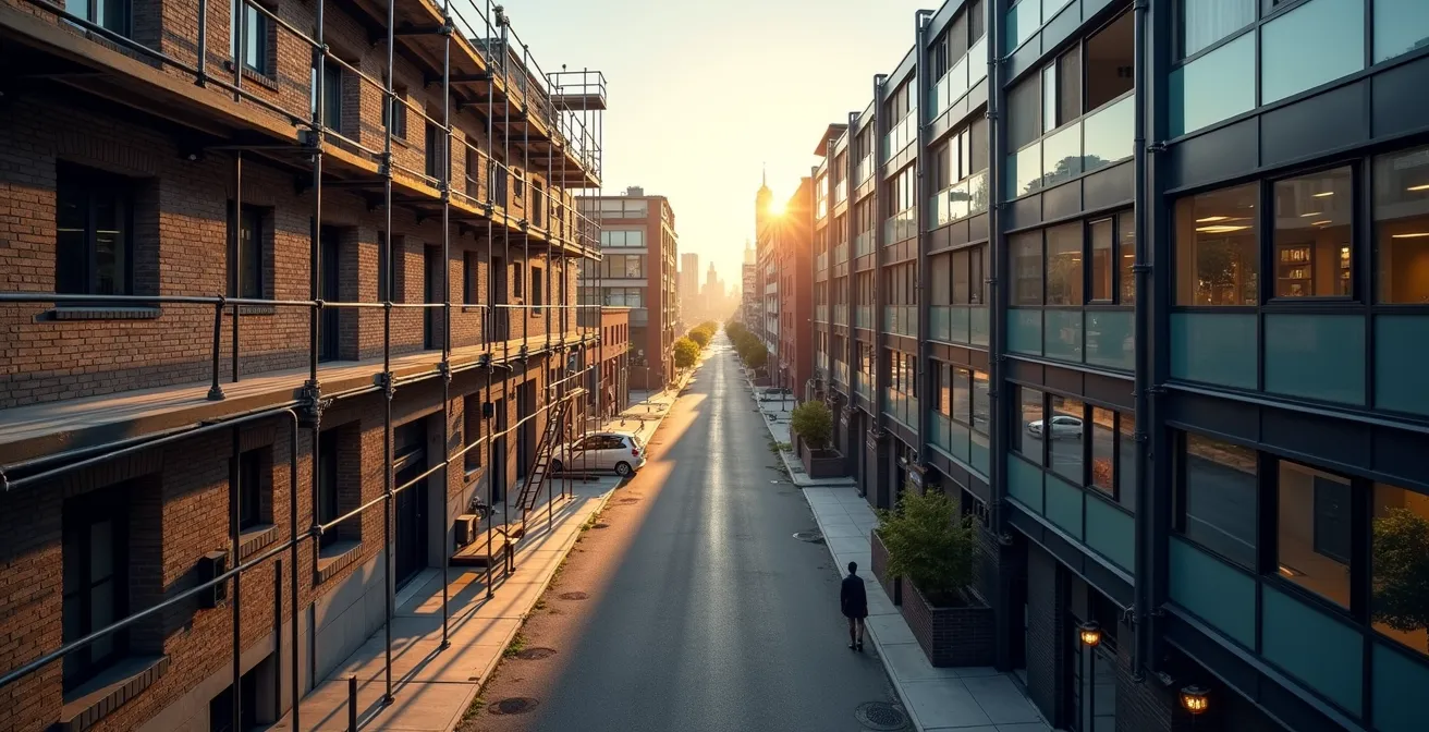 Aerial view of transitioning urban neighborhood showing early regeneration signals