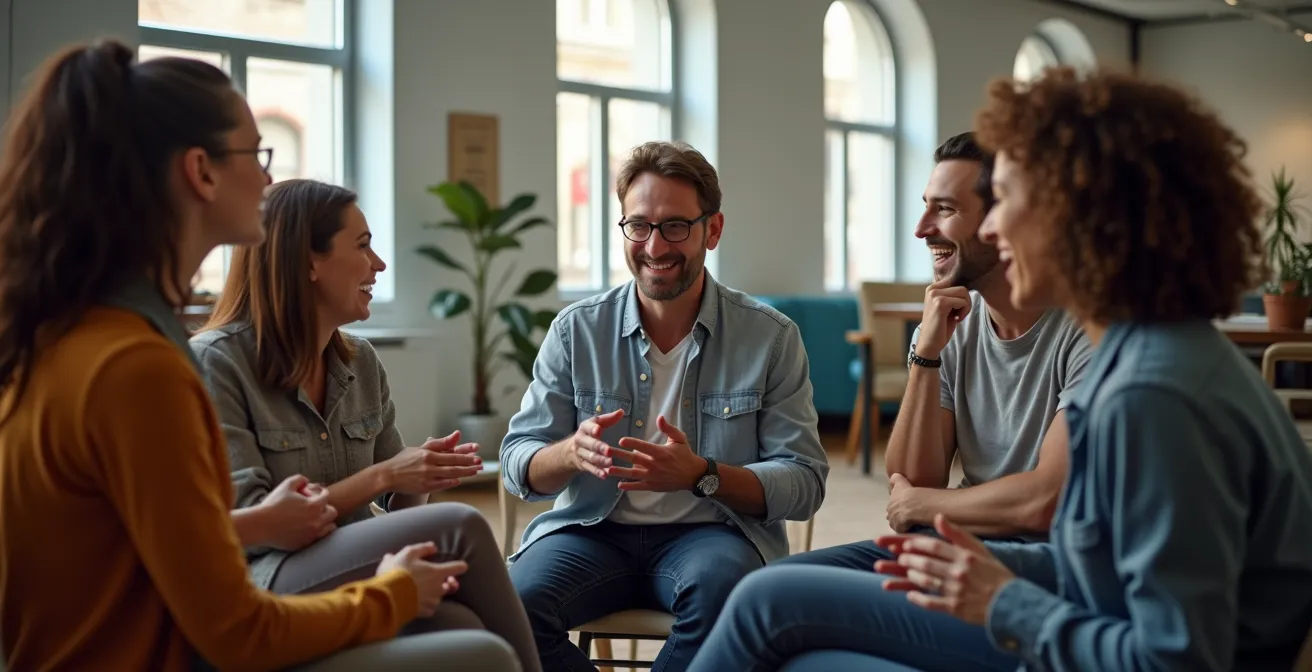 Circular arrangement of diverse people in discussion around a central focal point