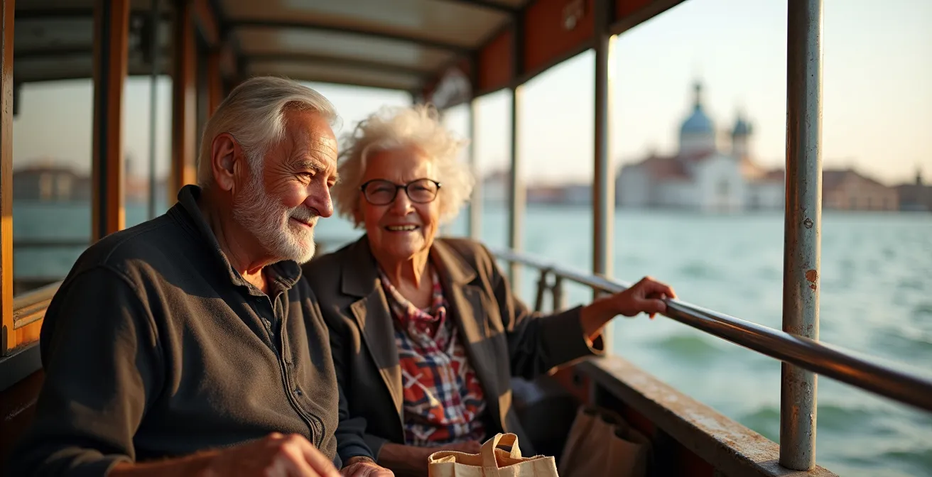 Water bus approaching a quiet Venetian island with colorful houses in the distance