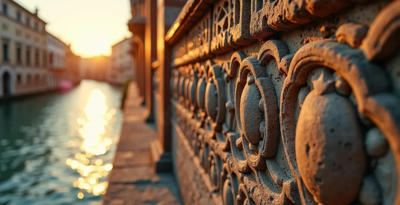 Golden sunset light reflecting on a quiet Cannaregio canal with Gothic palace facades
