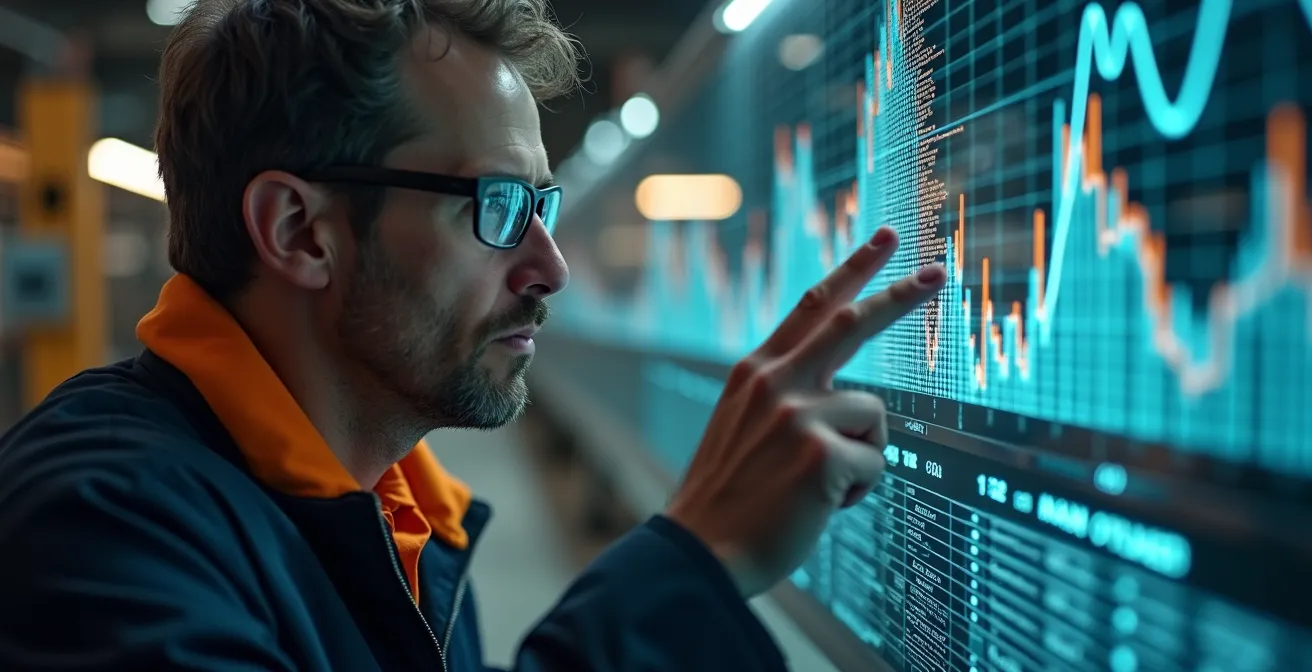 Engineer analyzing vibration sensor data patterns on industrial monitoring station