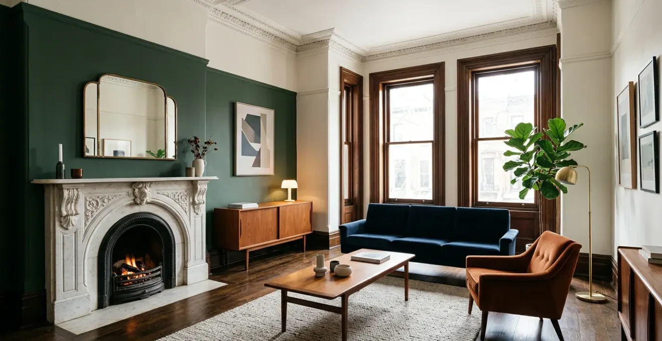 Contemporary living room within a Victorian home showcasing the harmonious blend of period details and modern design