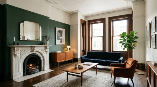 Contemporary living room within a Victorian home showcasing the harmonious blend of period details and modern design