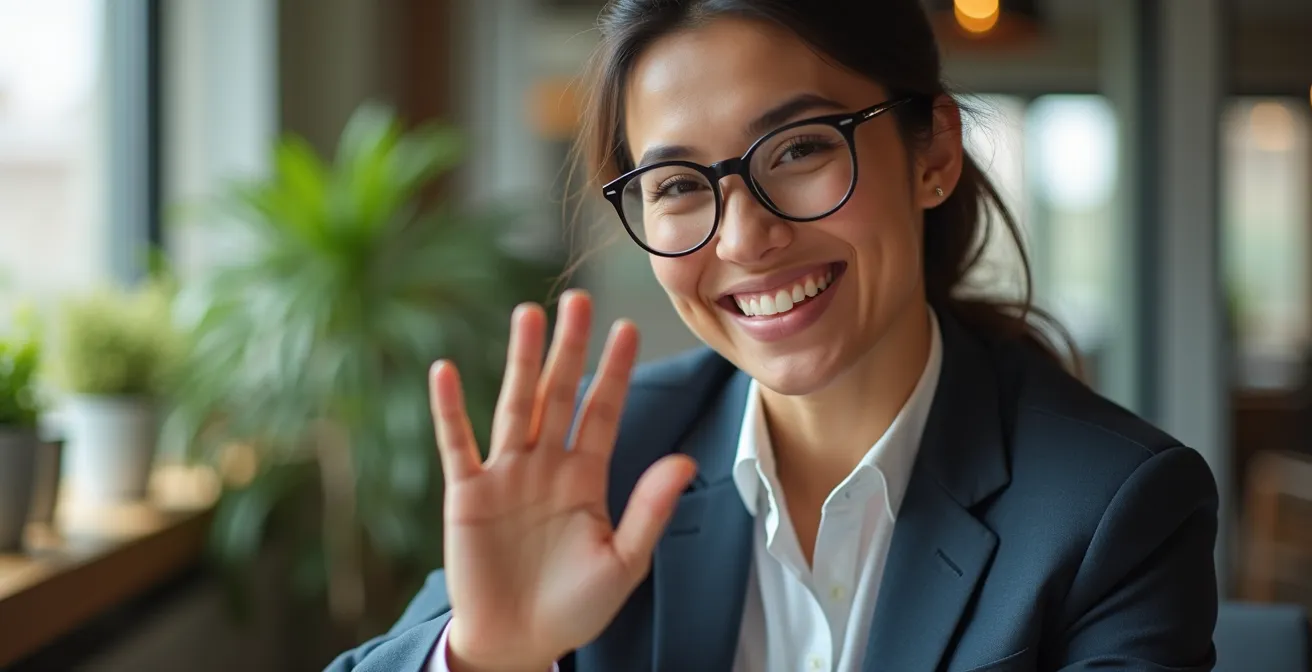 Professional creating personalized video message in modern office setting with warm lighting