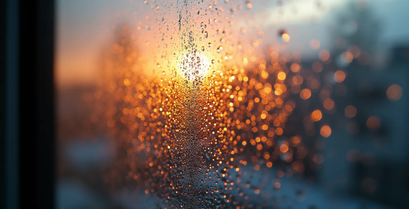 Close-up detail of window corner showing morning condensation patterns with trickle vent system