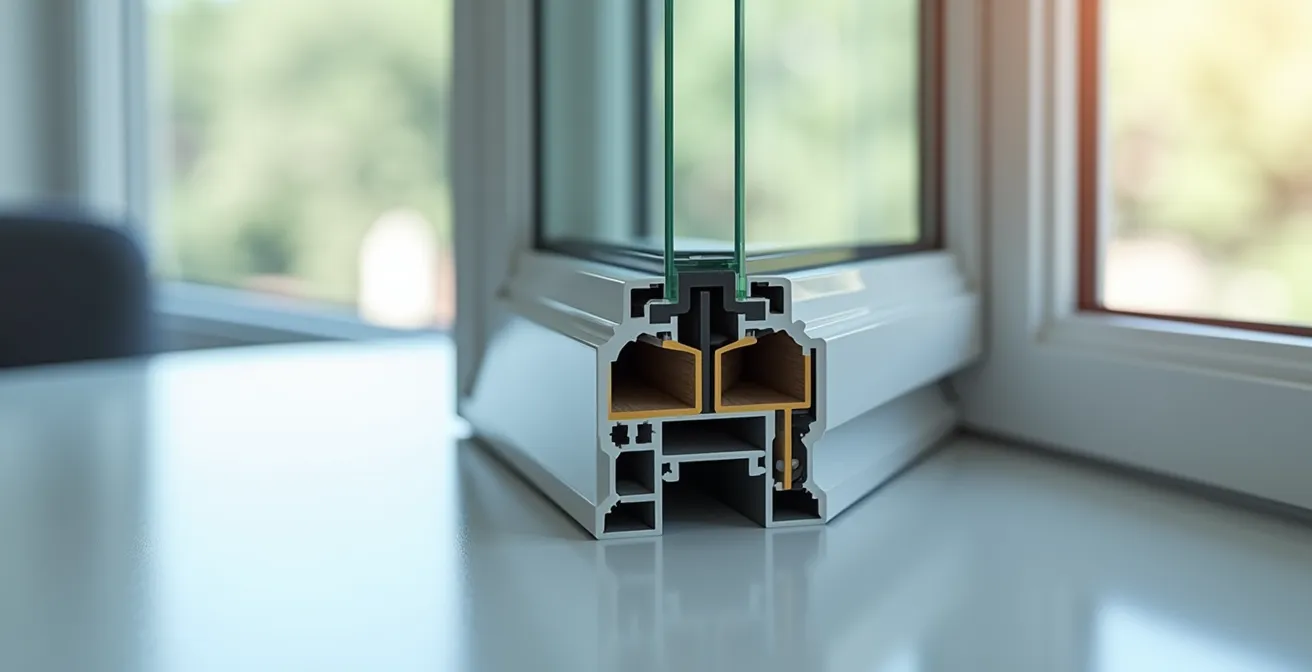 Close-up macro shot of window frame cross-section showing thermal break technology