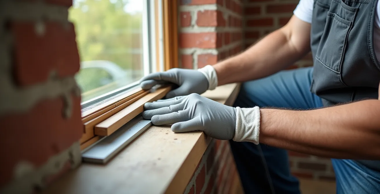 Professional window installer applying expanding foam sealant between frame and wall cavity