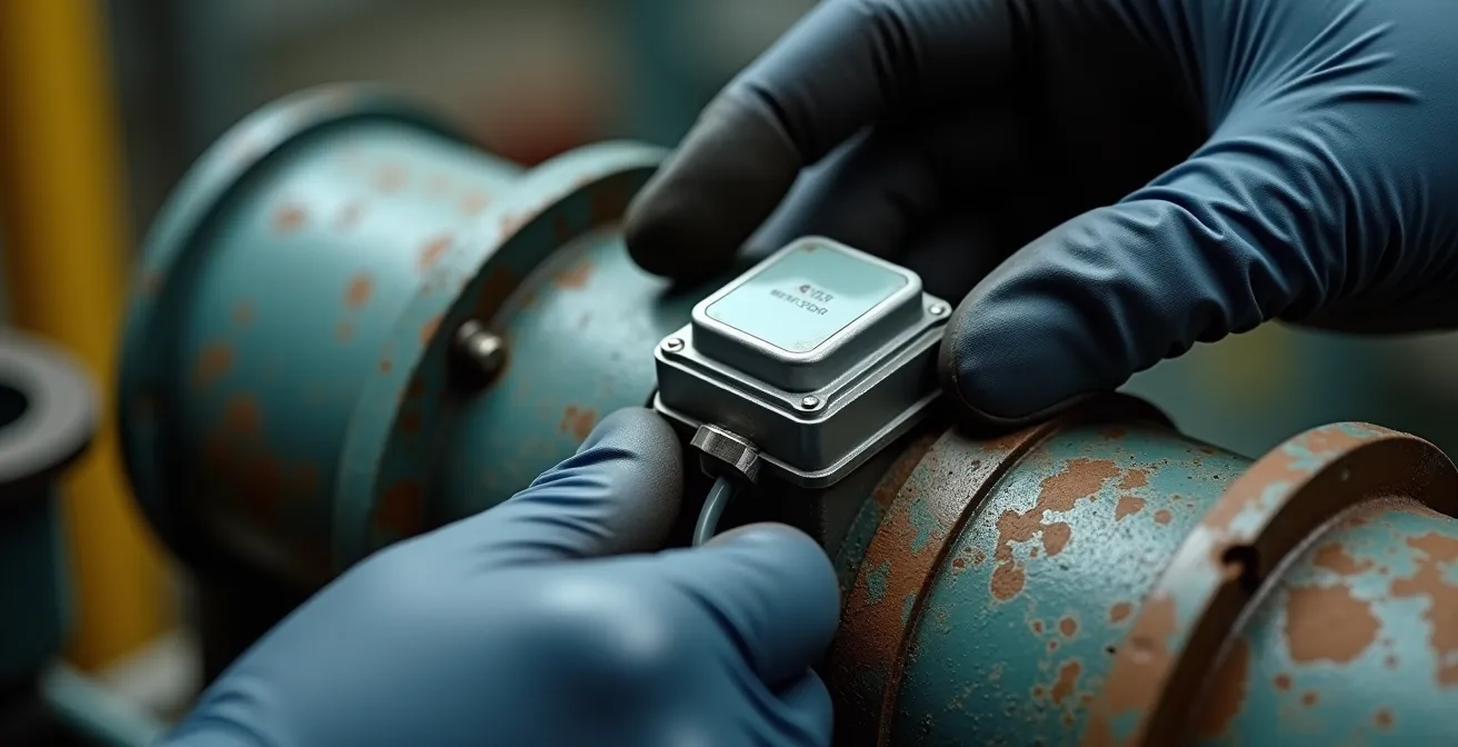 Macro shot of wireless IoT sensor being attached to legacy industrial equipment