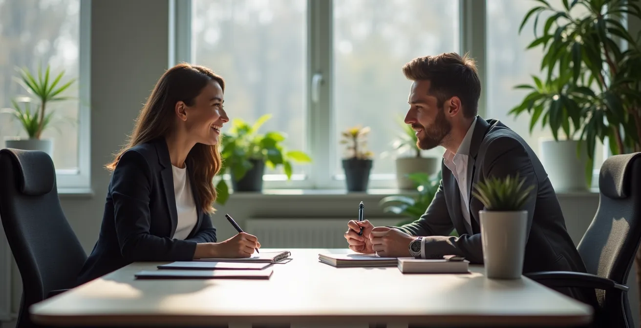 Professional meeting between employee and manager discussing workplace adjustments