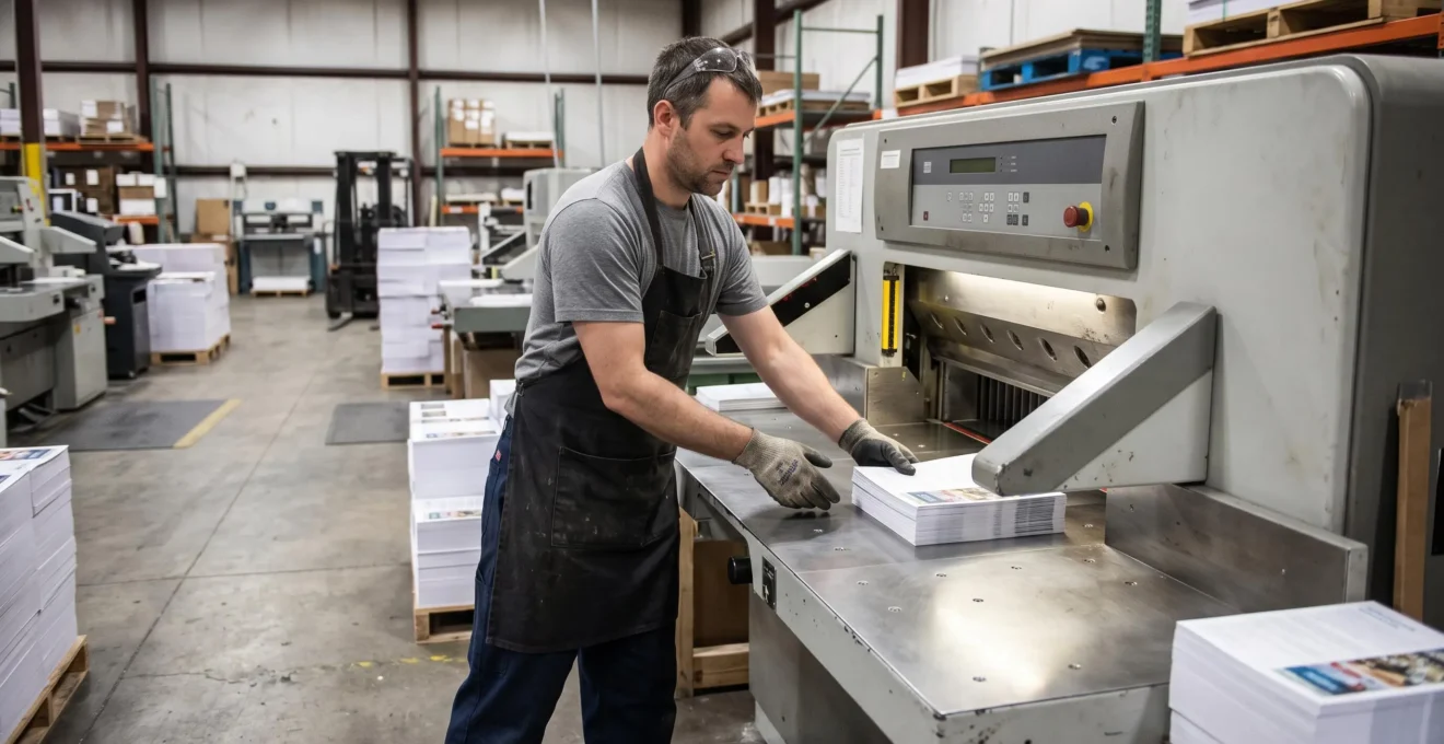Technician operating paper finishing equipment in commercial printing production facility