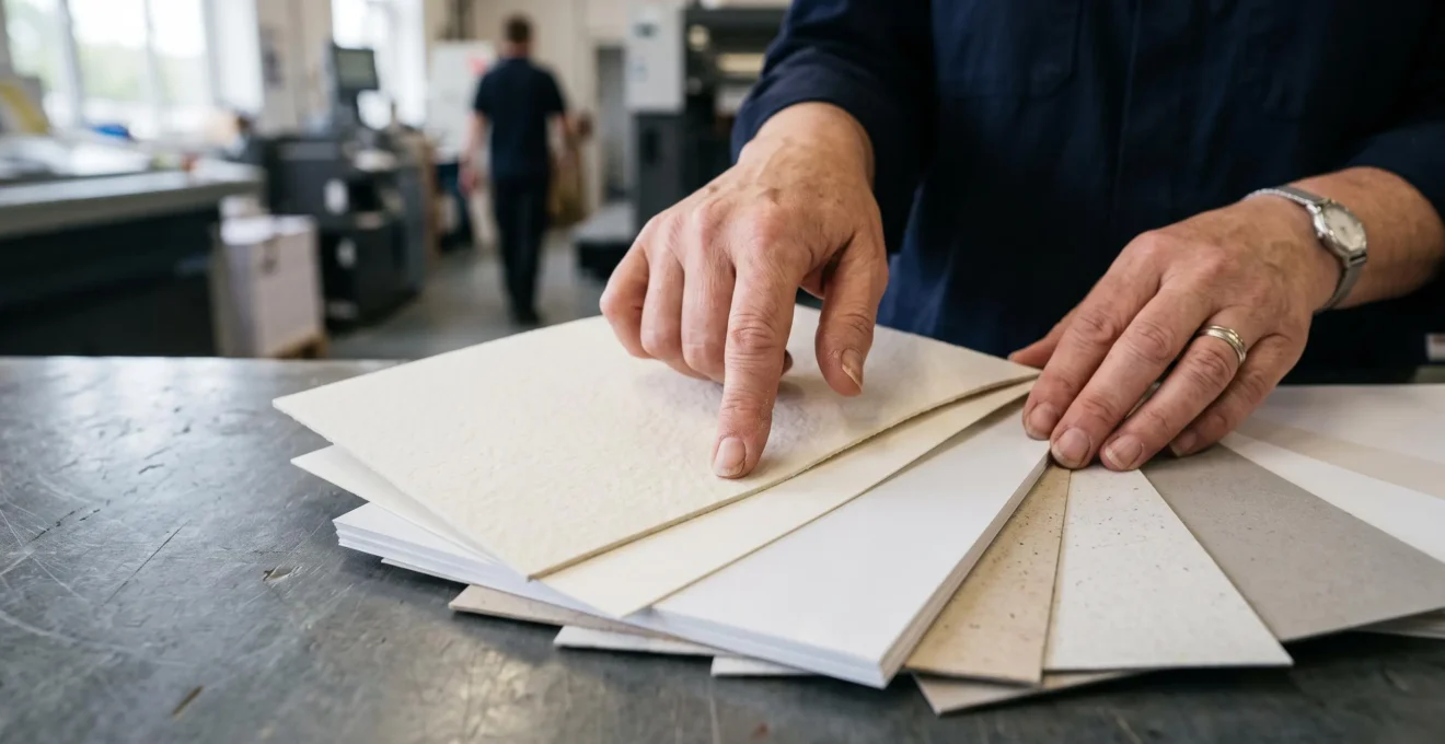 Hands comparing different paper stock samples showing varying textures, weights and finishes on work surface