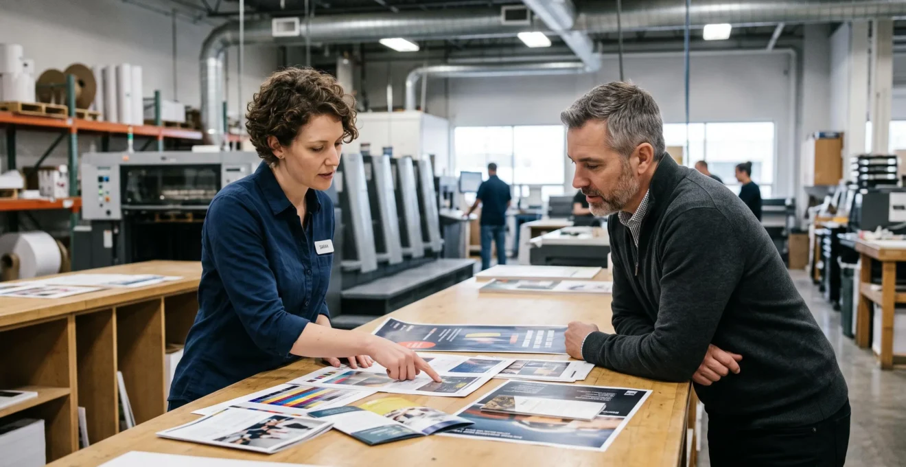Print specialist and client reviewing printed materials together at work counter in printing facility