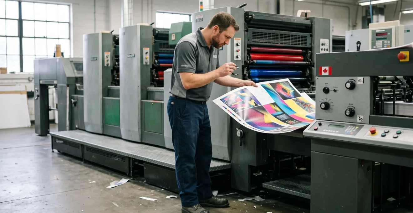 Print technician inspecting printed sheets beside commercial offset printing press in production facility