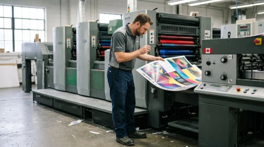 Print technician inspecting printed sheets beside commercial offset printing press in production facility